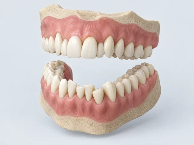 AI educational model of upper and lower dental arches with variation in tooth alignment.