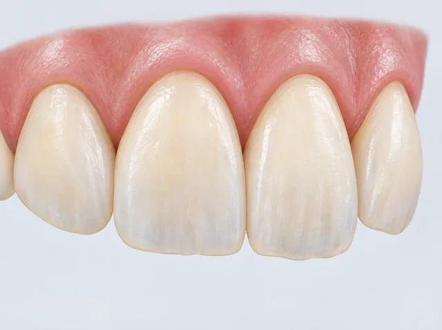 AI educational close-up of natural front-tooth contours and enamel shades.