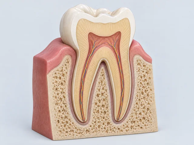AI educational tooth section showing enamel, dentin, pulp, roots and surrounding gum and bone.