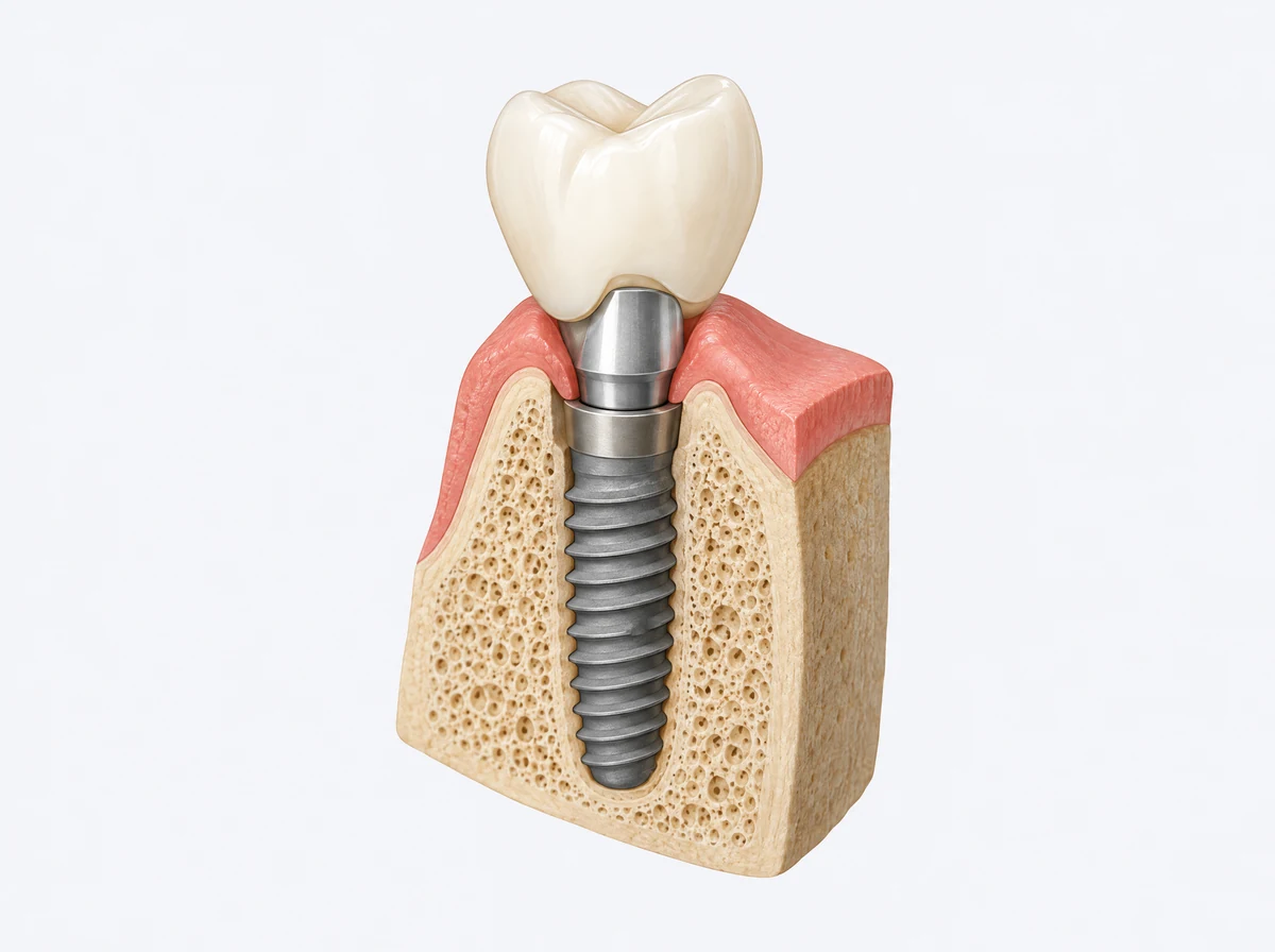 Educational cutaway of a dental implant fixture, abutment and crown
