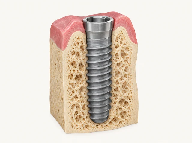 AI educational cutaway showing a single implant fixture and adjacent bone.