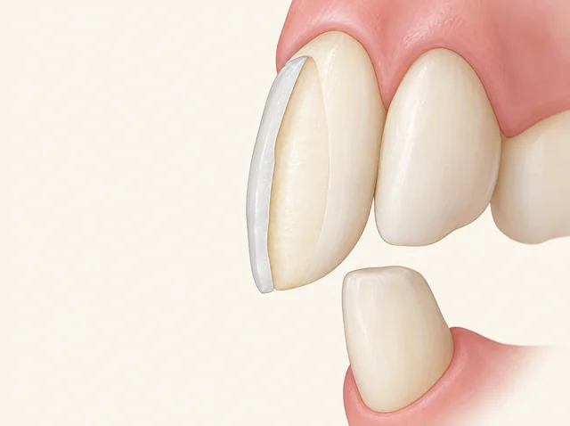 Schematic view of a veneer added to the original front-tooth contour, with neighbouring and opposing teeth for context.
