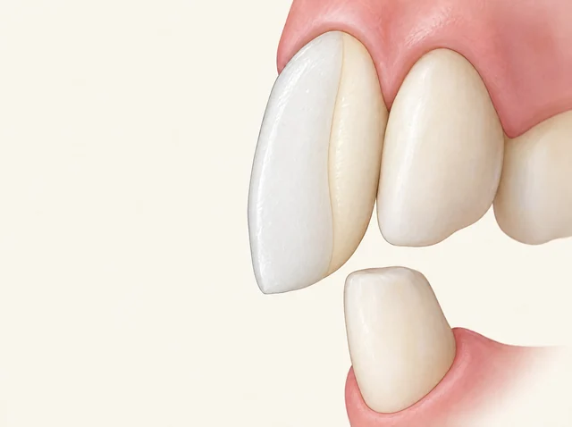 Educational view of limited facial preparation, showing the smooth bonded boundary between remaining tooth and ceramic beside neighbouring and opposing teeth.