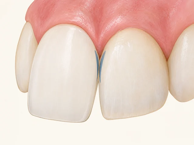 Educational diagram highlighting facing external surfaces between adjacent front teeth beside a bonded veneer.