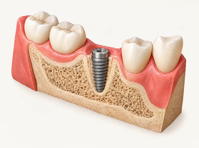 Educational cutaway showing an implant fixture in an example extraction site, without a prosthetic tooth.
