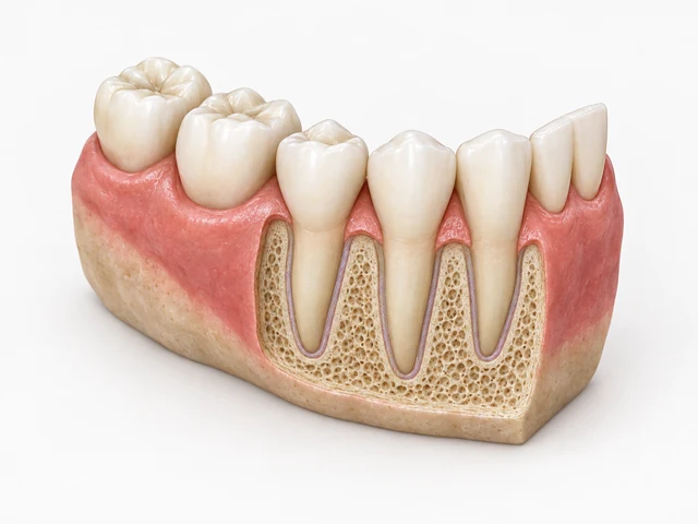 Educational cutaway showing natural teeth, gums, roots and surrounding bone