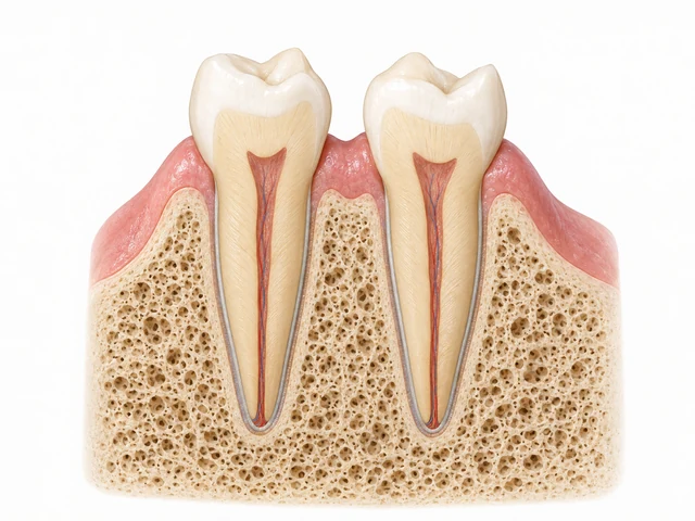 Educational cutaway of two natural premolars, their roots and supporting tissues