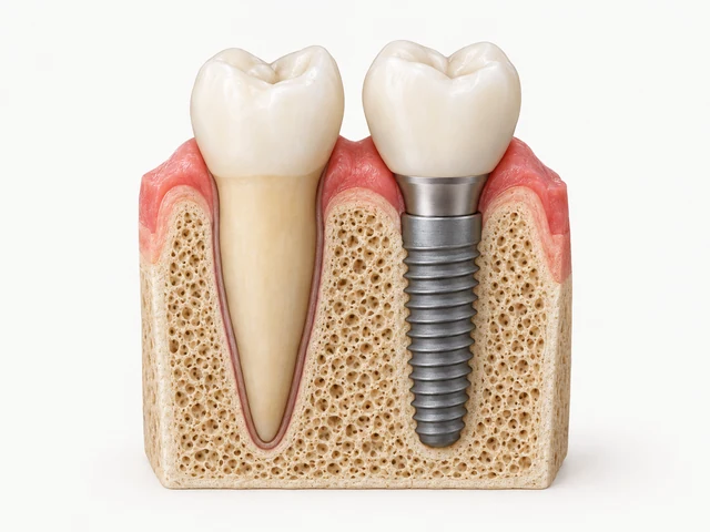 Educational cutaway comparing the support around a natural root and an existing restored implant