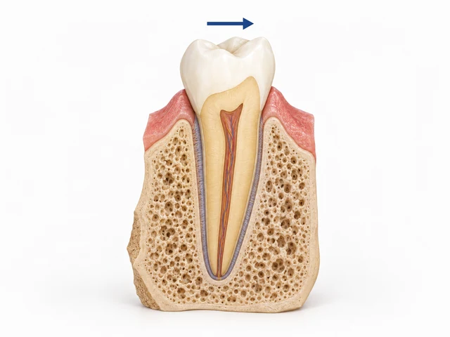 Schematic cutaway of a natural tooth and surrounding tissues with a conceptual movement arrow