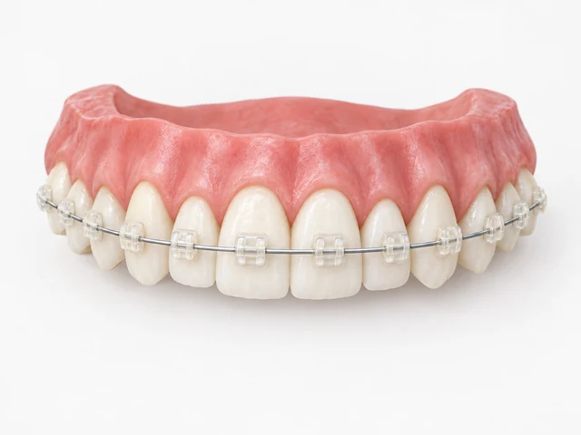 Educational illustration of tooth-coloured ceramic brackets on the outer tooth surfaces