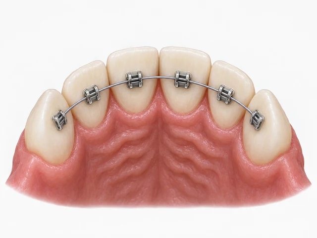 Educational close view of brackets and an archwire attached to inner front-tooth surfaces