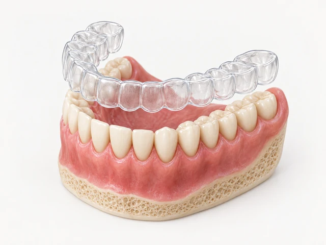 Educational illustration of a clear aligner lifted above a dental model