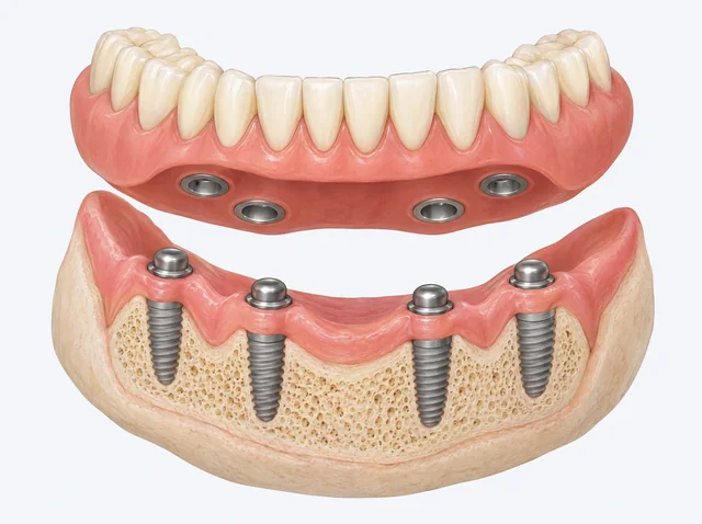AI educational illustration of a lifted removable denture, with recessed sockets above attachment buttons; the implants remain in the jawbone below.