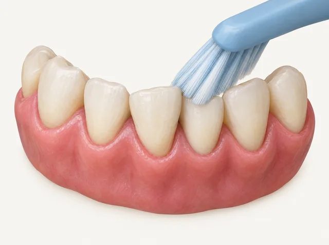 AI educational model of irregularly positioned front teeth with a toothbrush approaching a recessed tooth surface.
