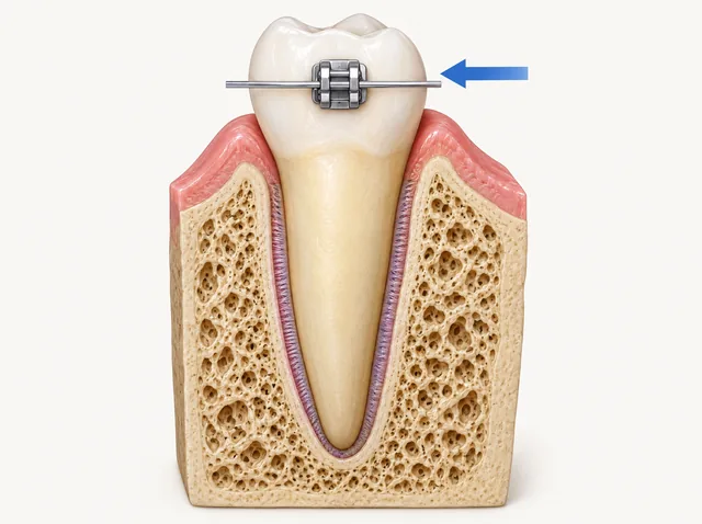 AI educational section of one natural tooth, its periodontal ligament and surrounding bone, with a conceptual force arrow at the crown.