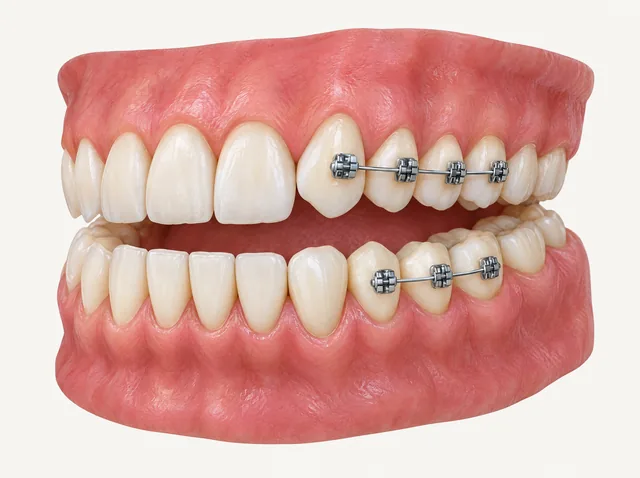AI educational dental model with brackets on selected posterior-side teeth and no brackets on the front teeth.