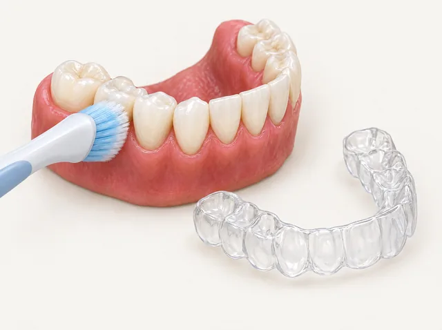 AI educational model showing a clear aligner set aside while a toothbrush cleans the exposed teeth.