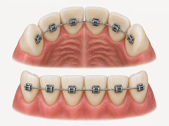 AI educational views showing brackets on the inner upper front teeth and on the outer lower front teeth.