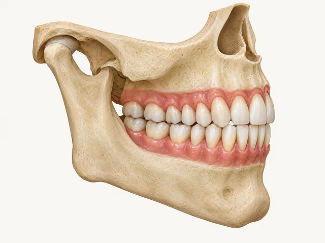 AI educational side view of the upper and lower jaw structures and their tooth relationship.