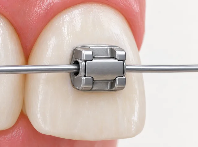 AI educational close-up of a generic bracket with its front gate closed over the wire, which enters and exits at the sides.