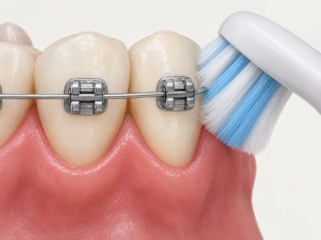 AI educational close-up of a toothbrush approaching the tooth surfaces around fixed brackets and an archwire.