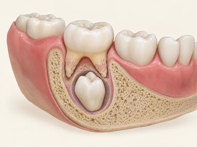 AI educational section of a lower primary molar with shortened roots above a developing permanent premolar in a separate space.