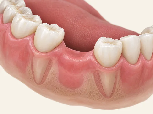 AI educational dental segment with a healed missing-tooth space and adjacent teeth leaning toward it.