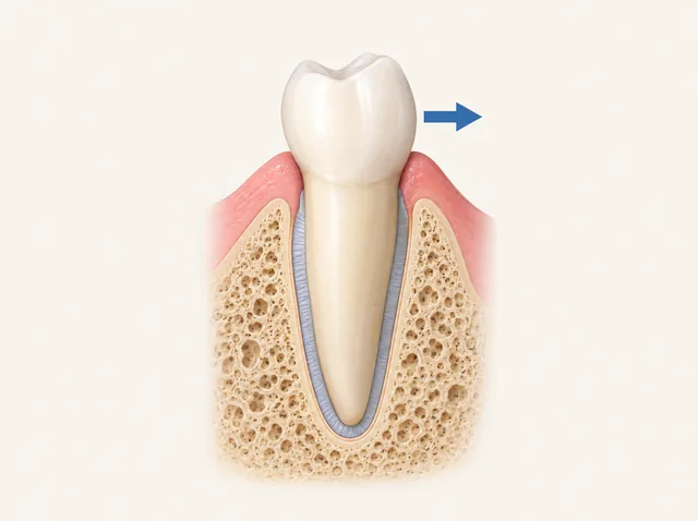 AI educational section of one natural tooth in supporting tissues with a small lateral force arrow and no bracket.