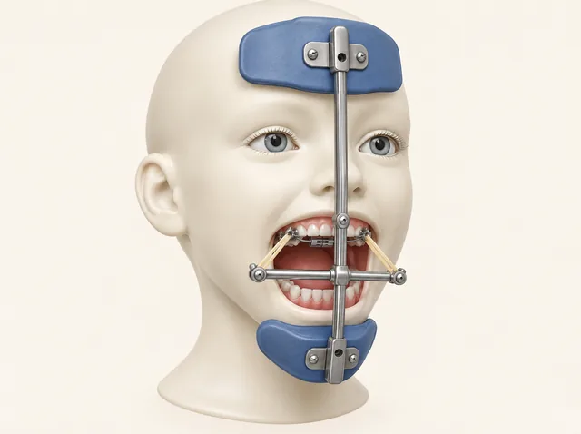 AI educational mannequin with a facemask supported at the forehead and chin, with paired elastics connecting to an upper dental appliance.