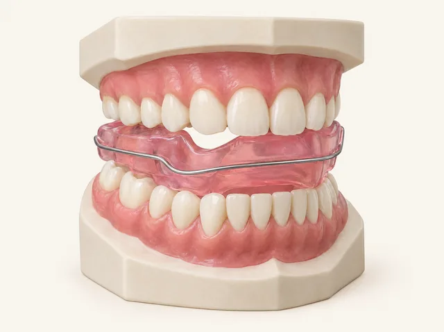 AI educational study arrangement of a one-piece acrylic activator between upper and lower dental models, with a continuous labial wire.