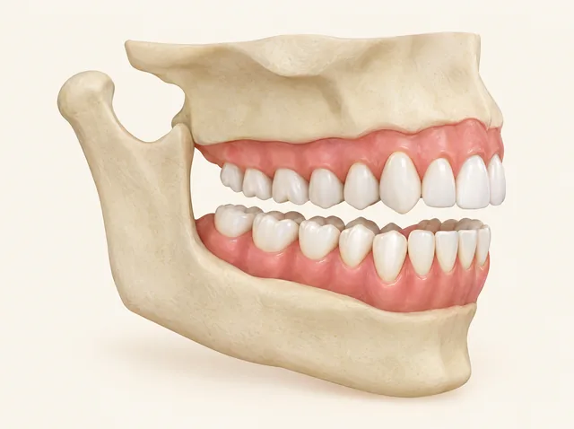 AI educational oblique view of upper and lower jaws with erupted teeth and gums; no tooth roots or developing tooth buds are shown.