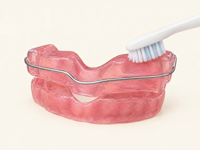 AI educational rendering of a pink one-piece removable activator with a soft toothbrush touching its outer acrylic surface.