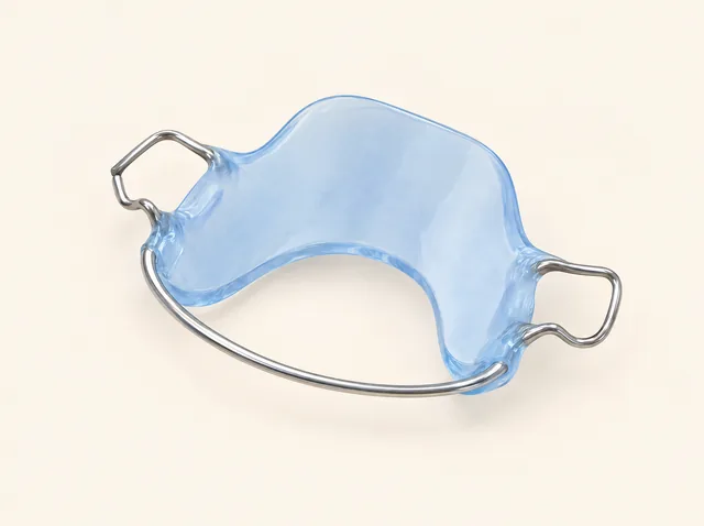 AI educational rendering of a standalone pale-blue acrylic retainer with a front wire and two posterior clasps, without a dental model.