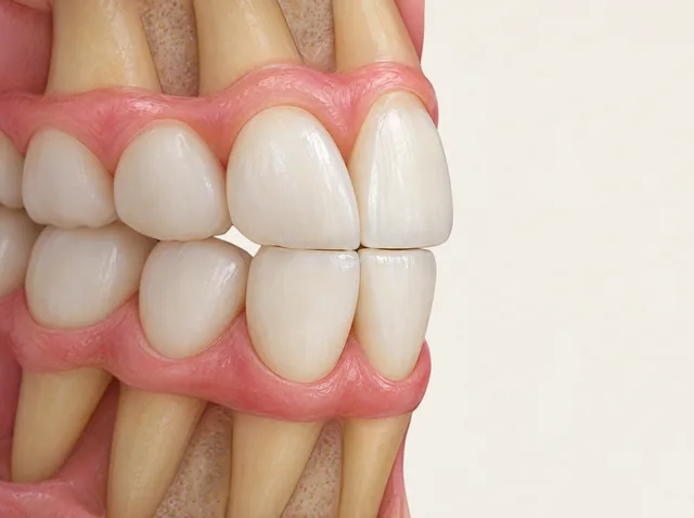 AI educational side-oblique view of a few upper and lower front teeth meeting edge to edge, with gums shown without damage.