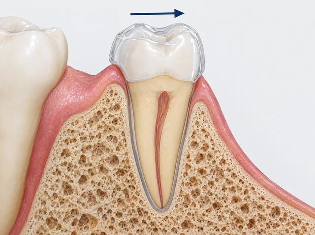 An enlarged partial tooth cutaway with a transparent cap, surrounding gum and bone, and a right-pointing arrow