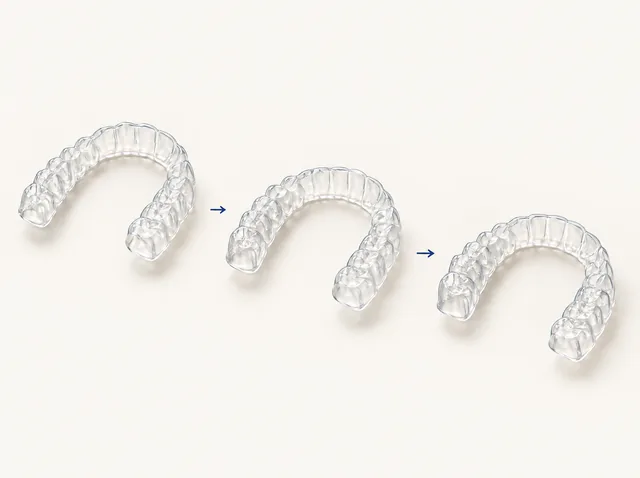 Three separate transparent aligner trays with arrows indicating an order