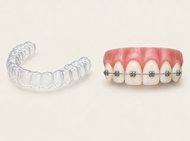A separate empty clear tray beside an upper front-tooth model with external metal brackets and a wire
