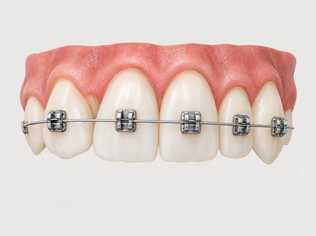 An upper front-tooth teaching model with metal brackets and a continuous wire on the outer surfaces