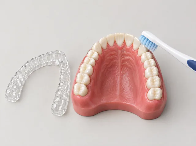 A toothbrush touching exposed model teeth beside a separate removed clear tray