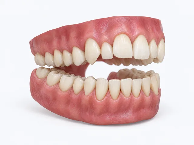 AI educational model showing upper and lower dental arches held apart, with mild irregularity in the front-tooth arrangement.