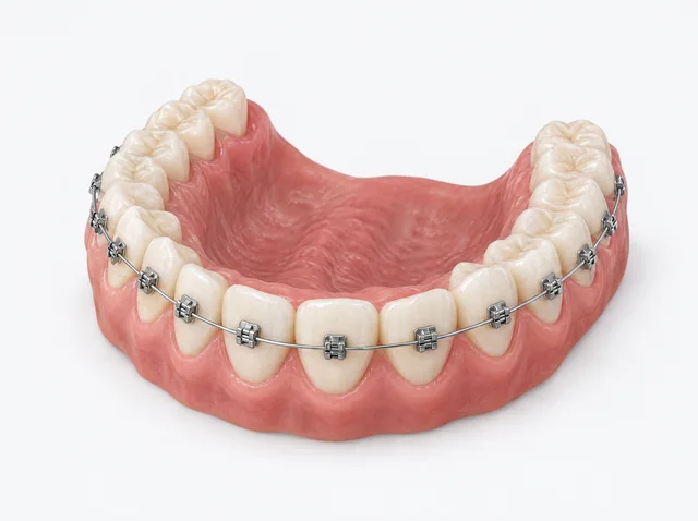AI educational upper dental model with metal brackets and a connecting wire on the outer tooth surfaces.