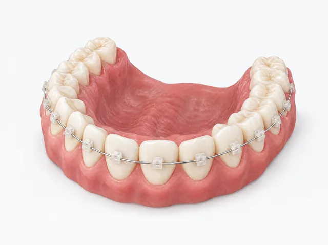 AI educational upper dental model with tooth-coloured ceramic brackets and a connecting wire on the outer tooth surfaces.