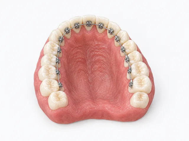 AI educational view of an upper dental arch from the palate side, showing brackets and wire along the inner tooth surfaces.