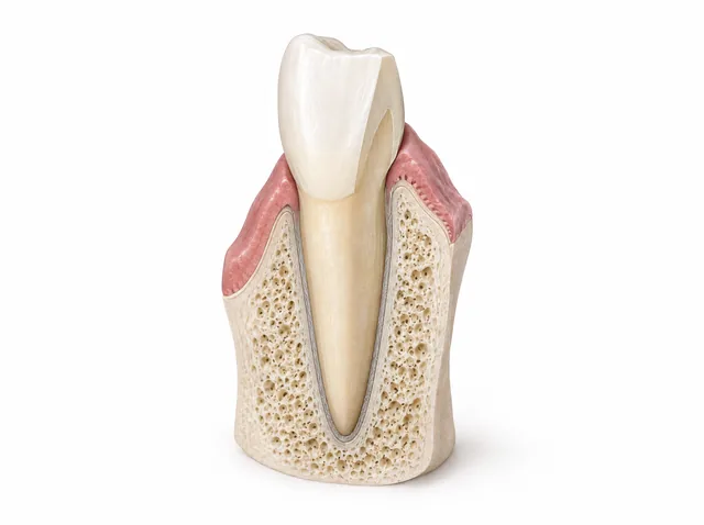 AI educational model of one natural tooth, with gum tissue and surrounding bone shown around its root.