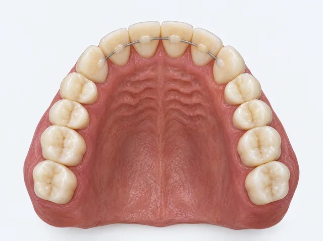AI educational view of an upper dental model from the palate side, with a thin retention wire bonded to the inner surfaces of the front teeth.