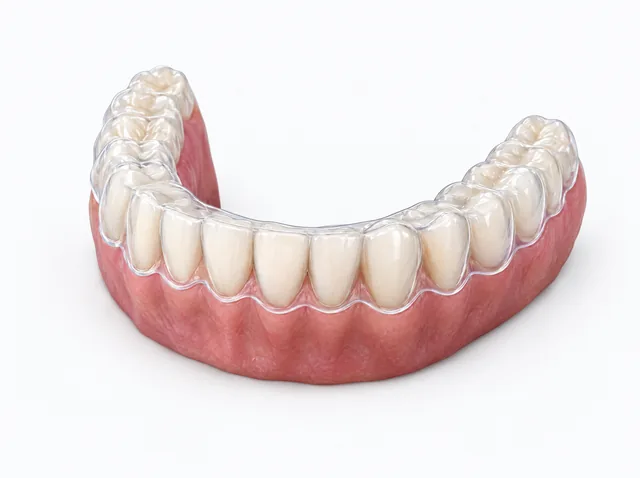 AI educational dental model with a clear removable retainer seated over the teeth, with its edge visible near the gum line.