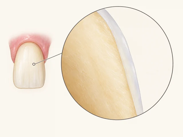 Educational diagram of an intact tooth with an enlarged inset of underlying tooth colour and bonded ceramic.