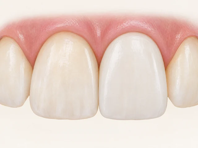 Educational frontal view of a bonded veneer surface and the adjacent gum margins.